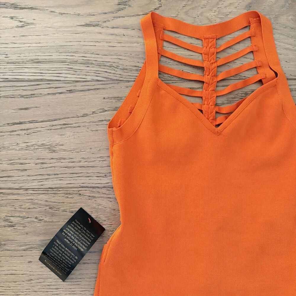 Bebe Brigit Braided Back Bandage Dress Neon Orange Strappy Bodycon L NWT - Picture 2 of 11